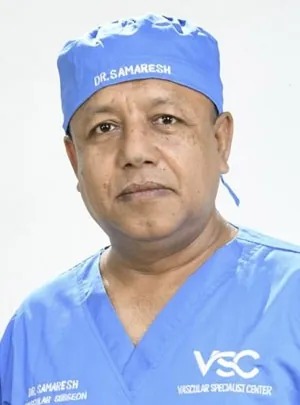 Dr. Samaresh Chandra Saha — Vascular and Endovascular Surgery Specialist Expert in treating DVT, arterial blockages, varicose veins, diabetic foot ulcers, and AV fistulas using both open and minimally invasive techniques.